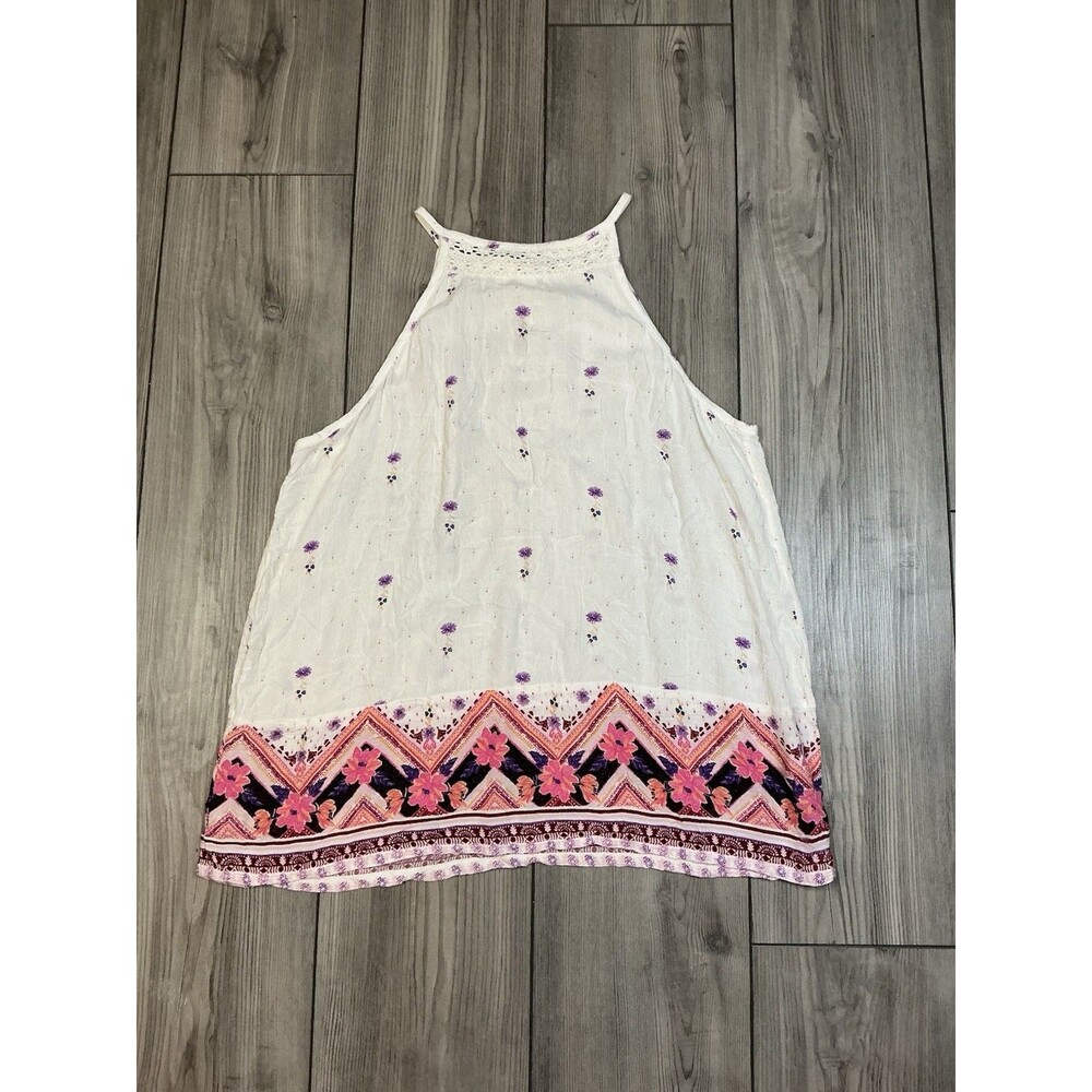 Boho Floral Chevron Border Print Halter Tank Top Crochet Neck Sleeveless Cami